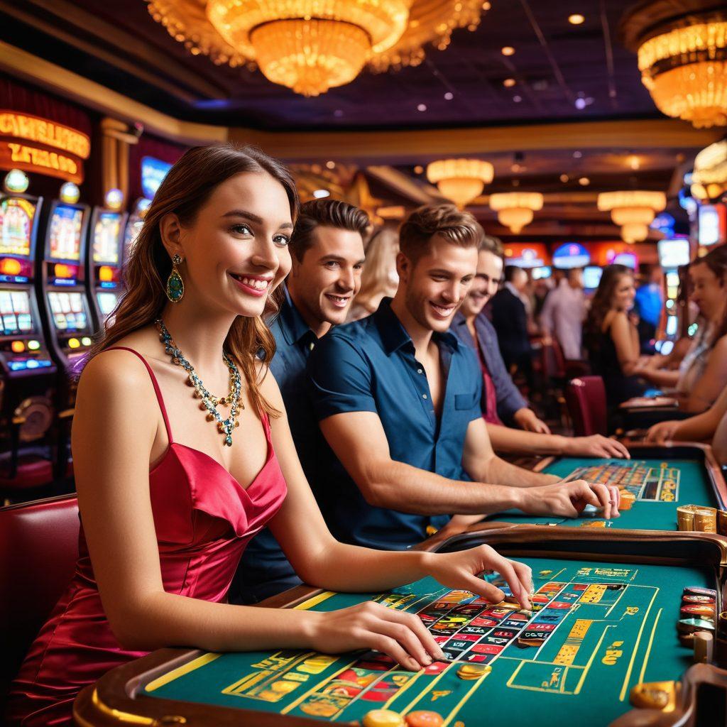 A vibrant casino scene showcasing a mix of slot machines and lively table games, with players engaged in excitement. Include colorful lights reflecting off sleek game surfaces and joyful expressions on the players’ faces. In the background, a whimsical adventure theme with fantasy elements, such as magical tokens and sparkling coins. super-realistic. vibrant colors. high contrast.