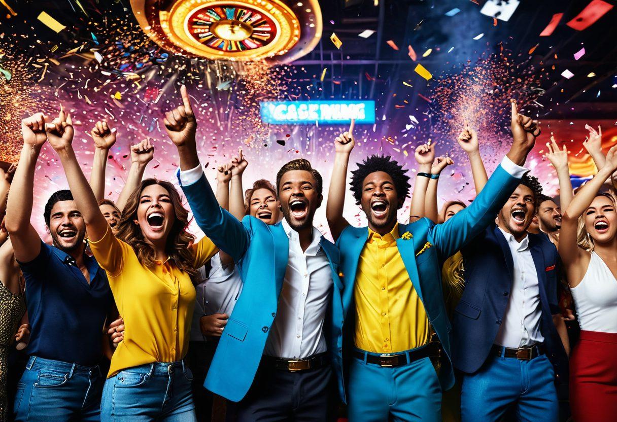 A dynamic scene featuring a jubilant group of diverse people celebrating a big win at a vibrant casino. Confetti showers over them as they hold up winning tickets, with a backdrop of colorful slot machines and flashing lights. Incorporate elements of excitement, such as raised hands and joyful expressions. The atmosphere should be electric, capturing the thrill of wagering and winning. super-realistic. vibrant colors. dynamic composition.