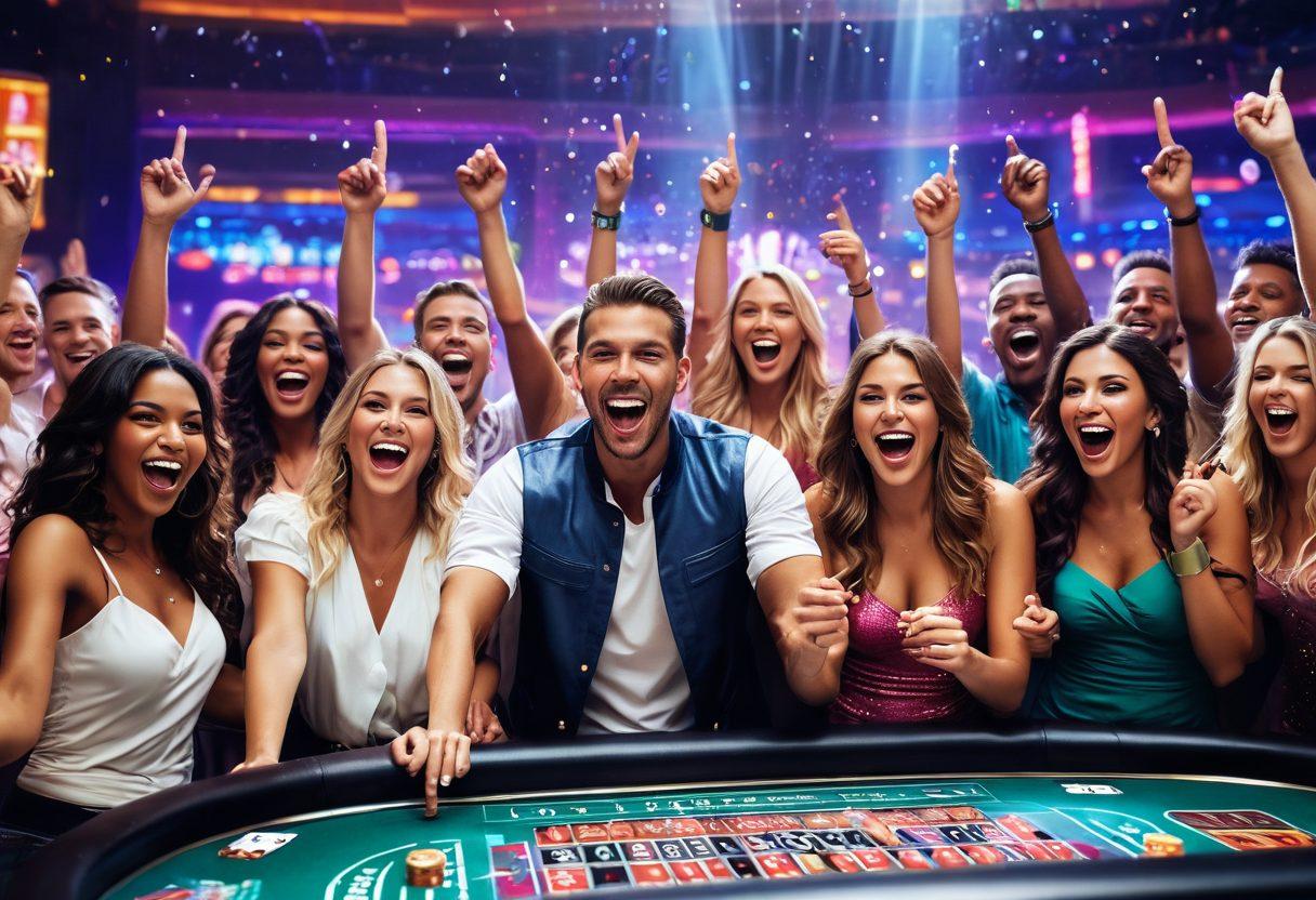 A vibrant casino scene filled with colorful slot machines, lively poker tables, and enthusiastic players celebrating wins, illuminated by dazzling neon lights. In the foreground, a joyful group of diverse friends are cheering while holding chips, with sparkling confetti raining down, symbolizing excitement and adventure. The background features a magical, oversized jackpot sign glowing invitingly, enhancing the sense of thrill and enjoyment. super-realistic. vibrant colors. dazzling light effects.